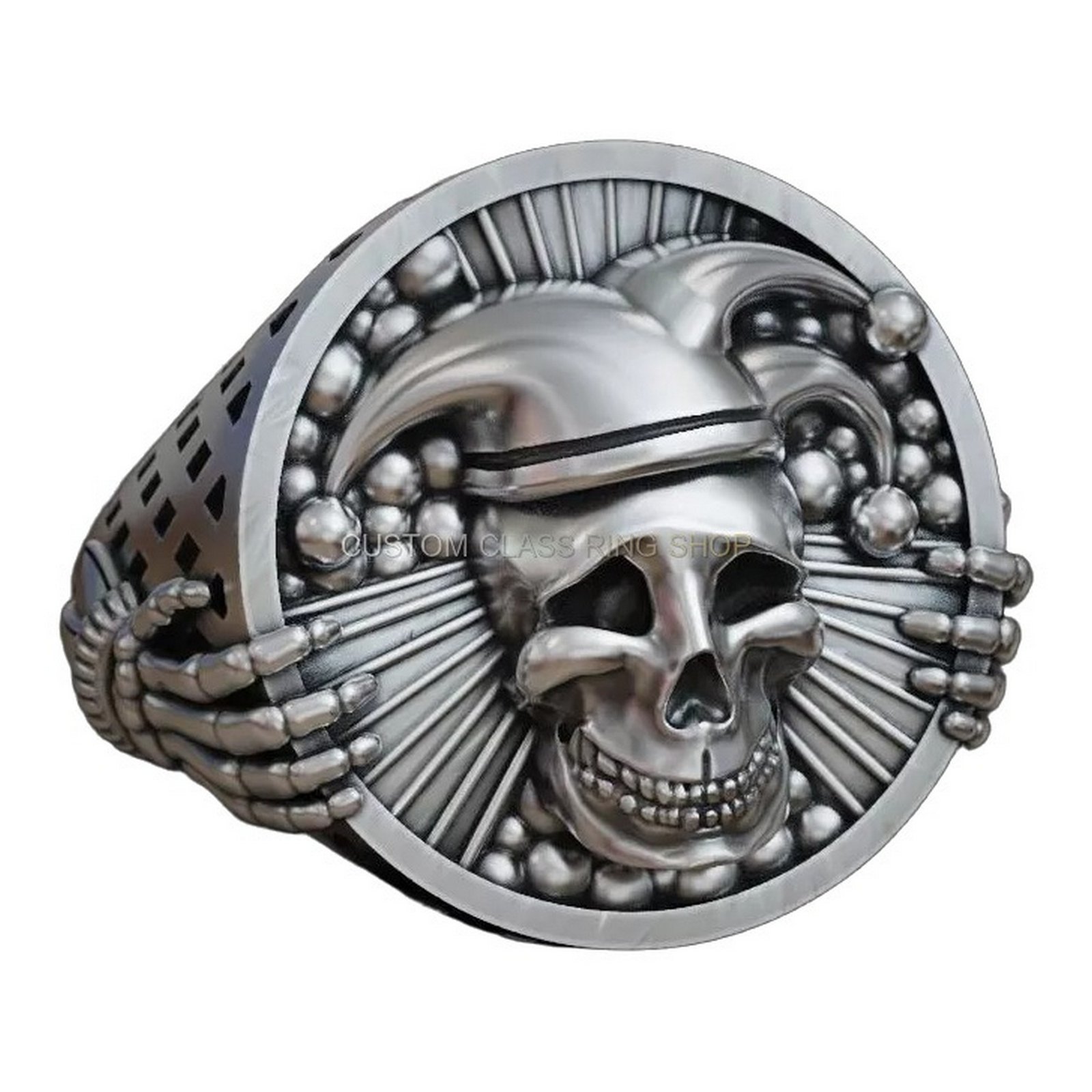 Sterling silver jester joker skull ring, rotated angle showing band and hands