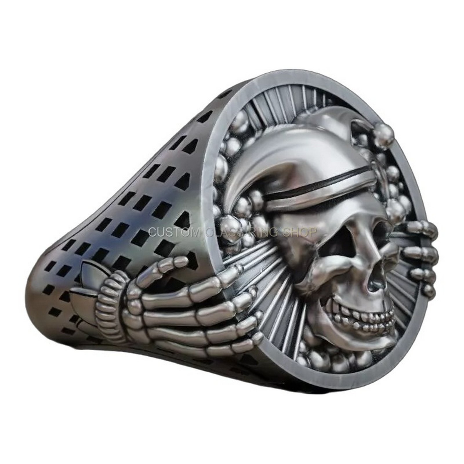 Sterling silver jester joker skull ring with skeletal hands