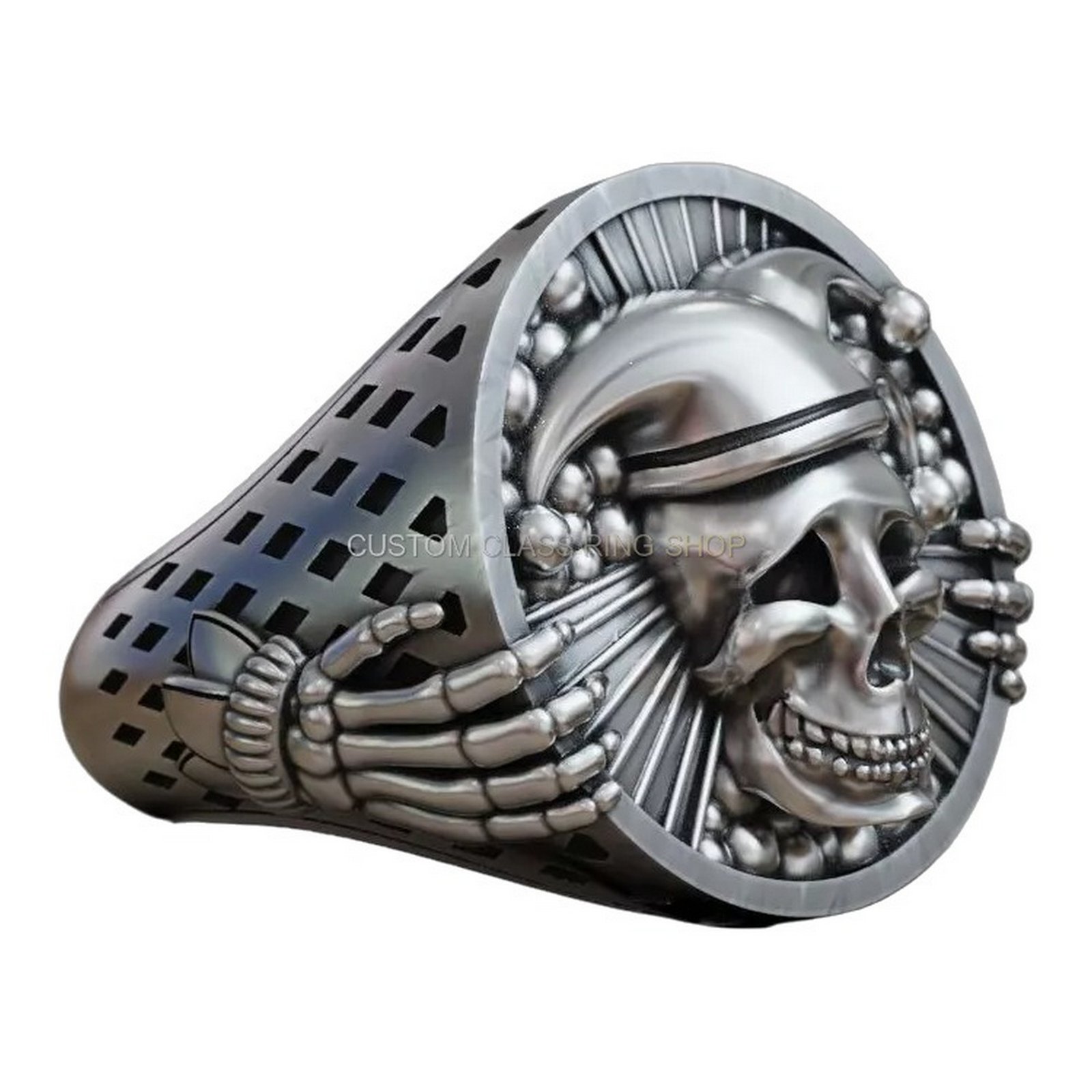Sterling silver jester joker skull ring with skeletal hands