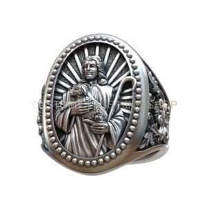 Jesus Christ lamb sterling silver ring with beaded border detail