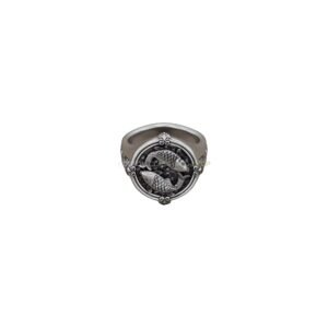Sterling silver koi fish carp ring with ornamental frame, oxidized antique finish