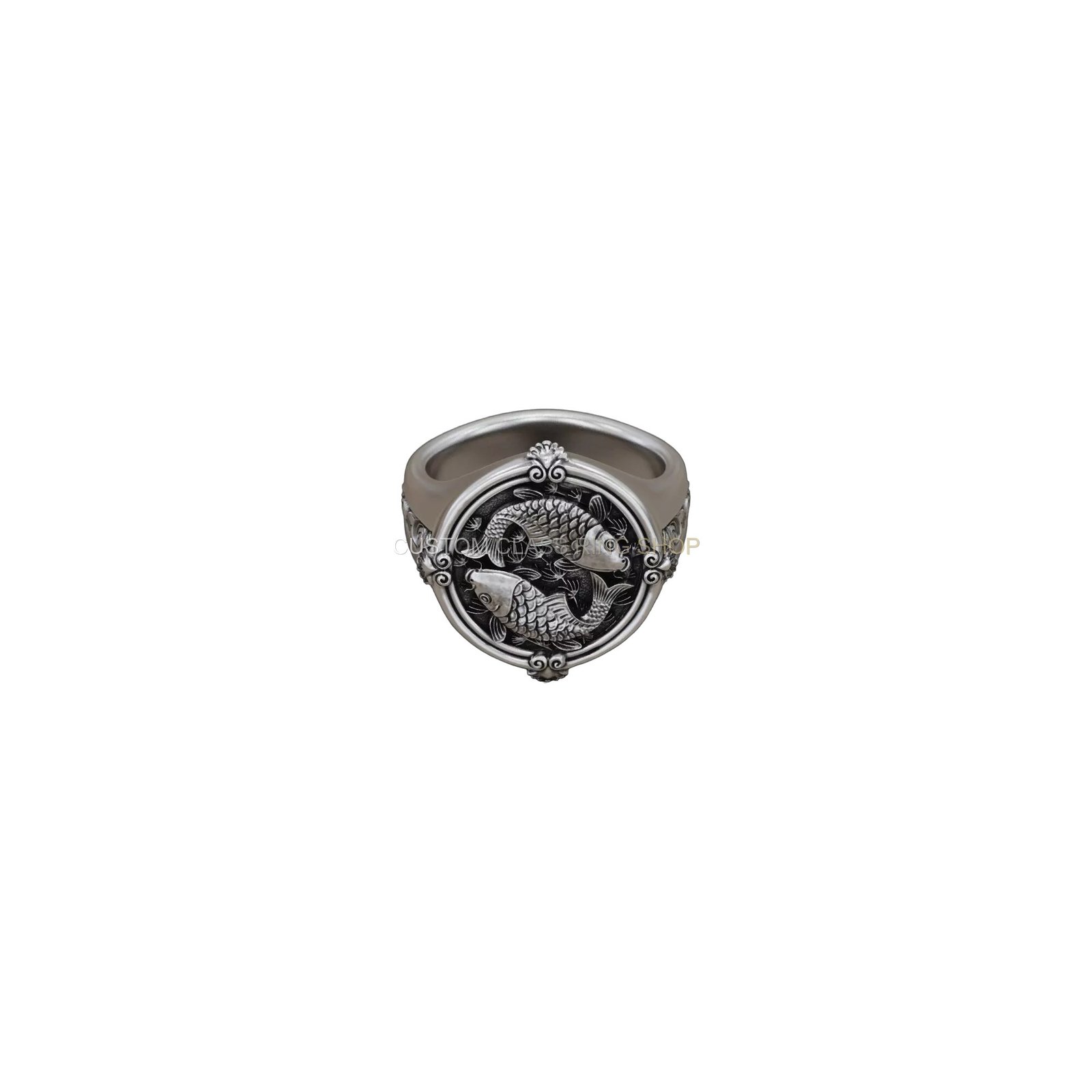 Sterling silver koi fish carp ring with ornamental frame, oxidized antique finish