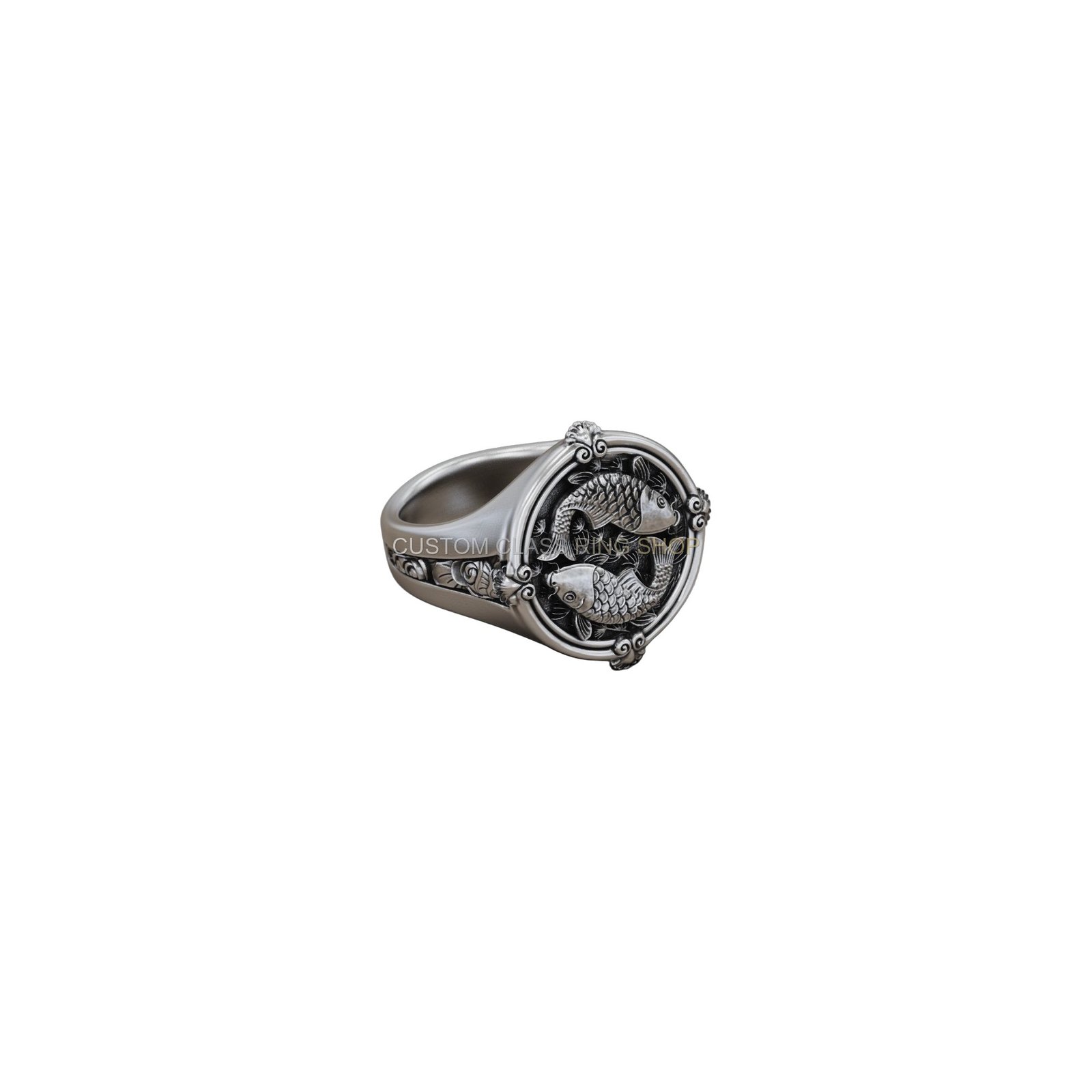 Sterling silver koi fish carp ring, left side profile showing band detail
