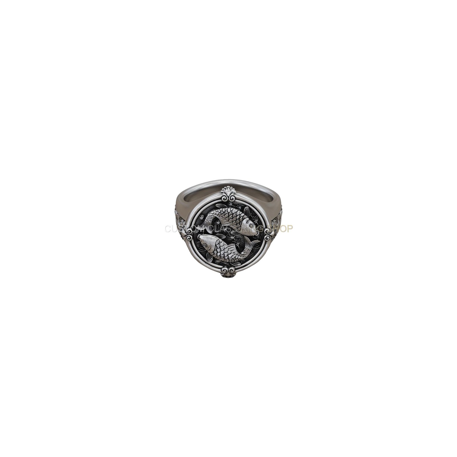 Sterling silver koi fish carp ring, top-down angled view