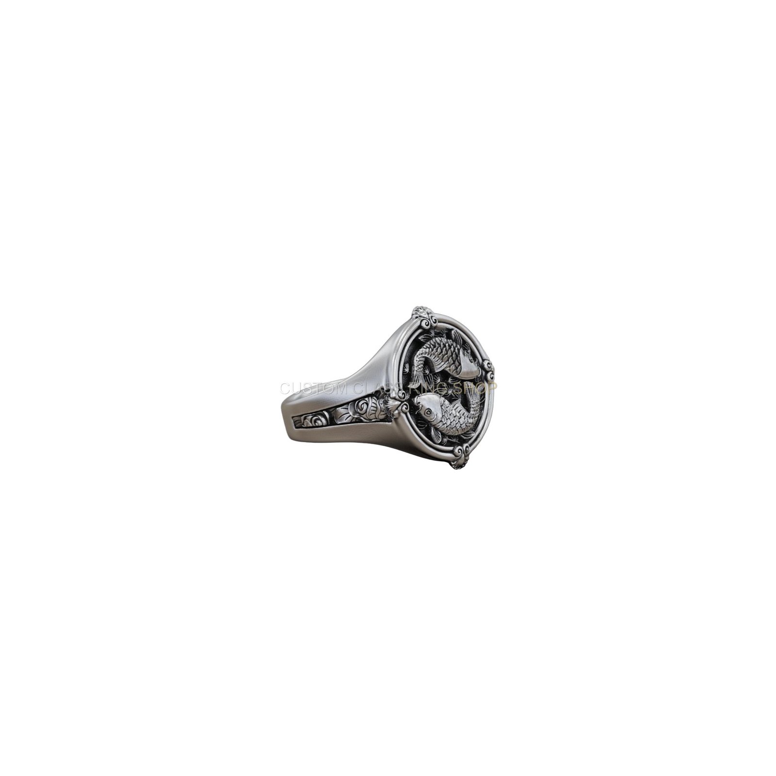 Sterling silver koi fish carp ring, left profile with band visible