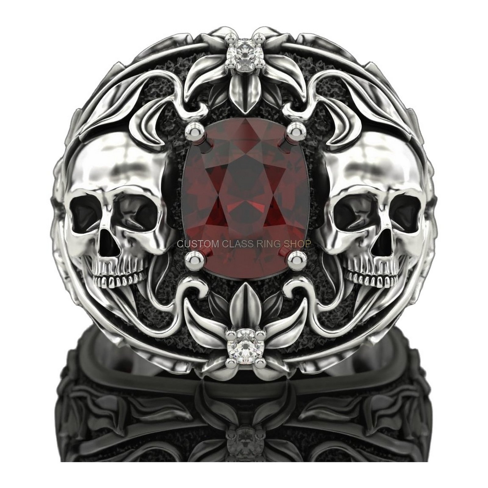 Mens oxidized silver dual skull ring with garnet center and filigree border