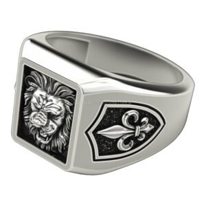 Sterling silver lion heraldic signet ring with fleur-de-lis shield sides