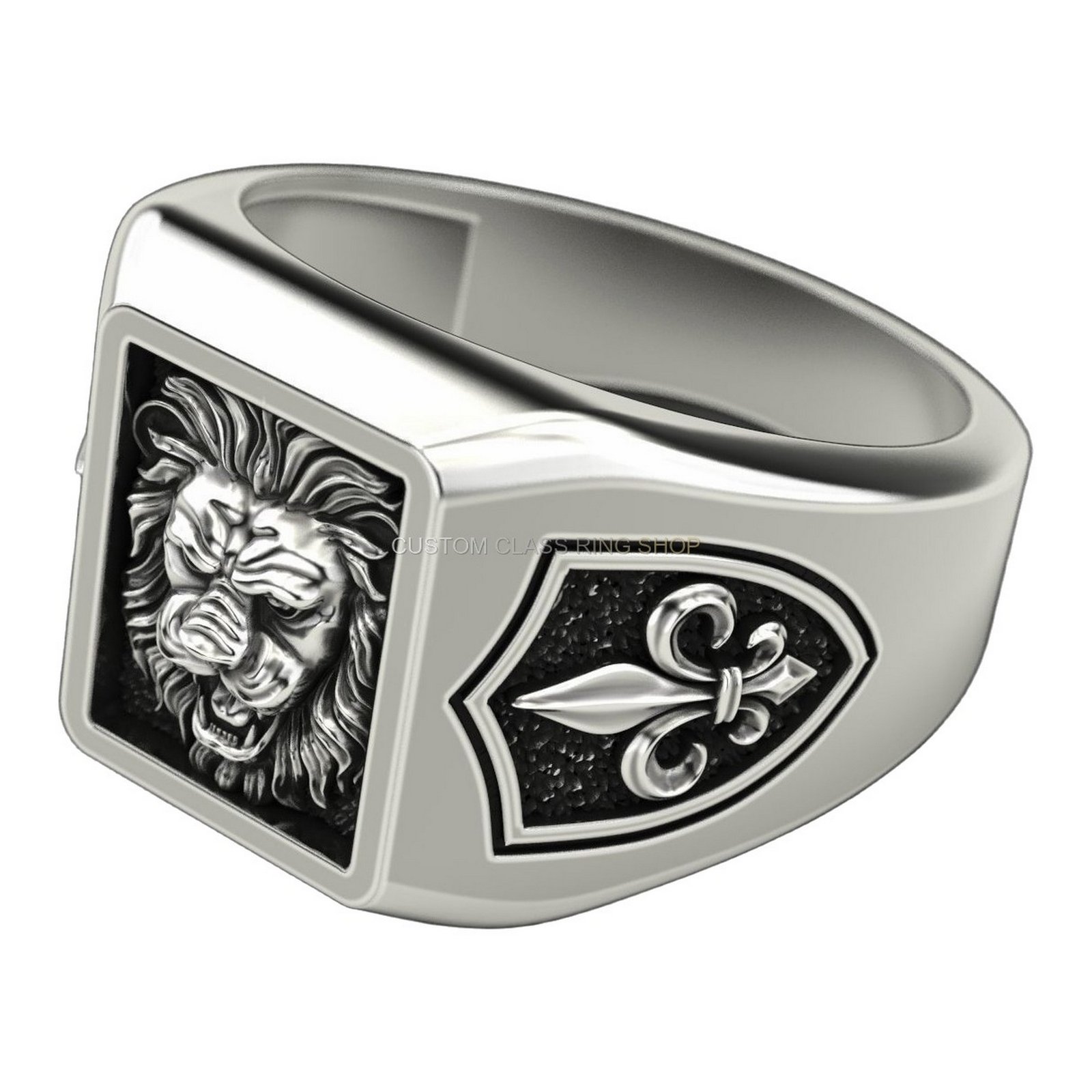 Sterling silver lion heraldic signet ring with fleur-de-lis shield sides