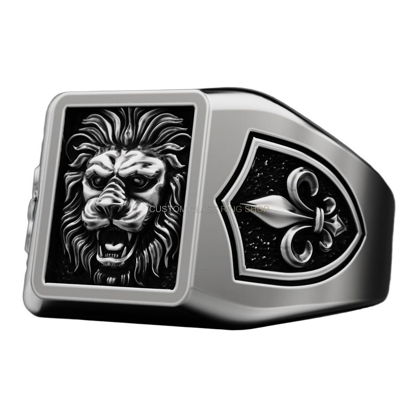 Sterling silver lion heraldic signet ring, three-quarter left profile view