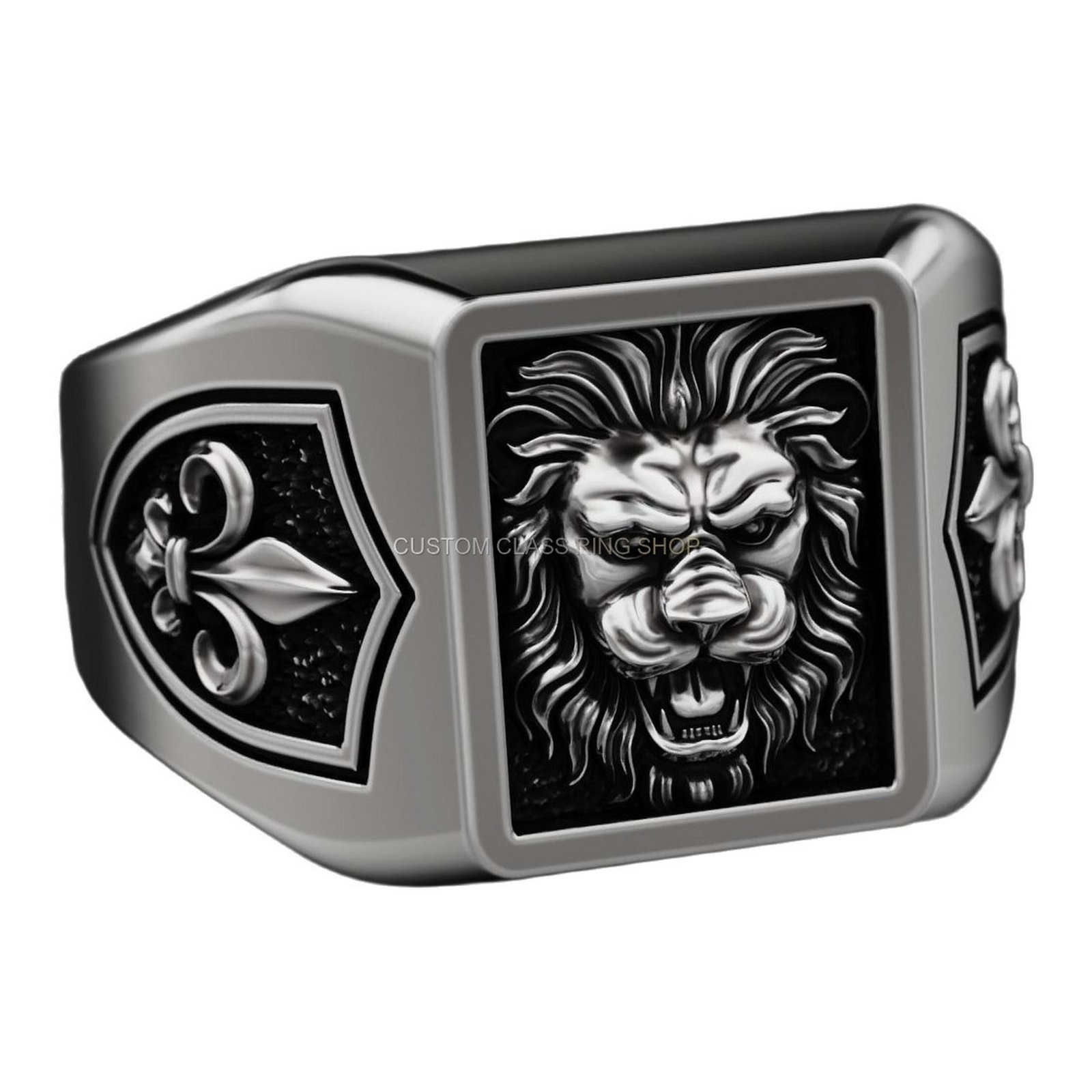 Sterling silver lion heraldic signet ring, side profile view
