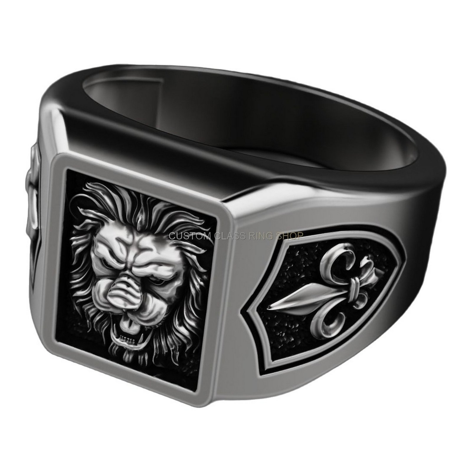 Sterling silver lion heraldic signet ring, angled band detail view