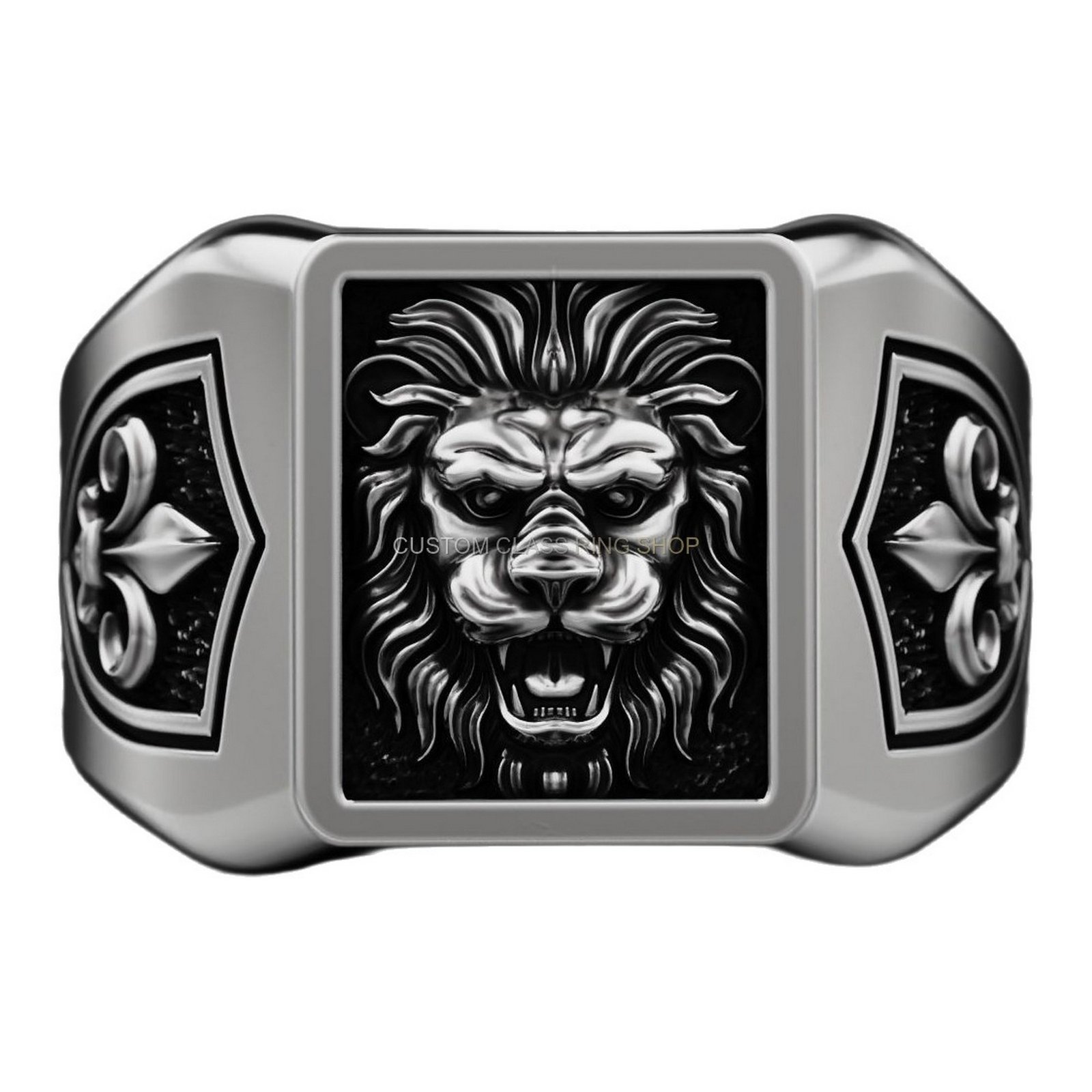 Sterling silver lion heraldic signet ring, top overhead view