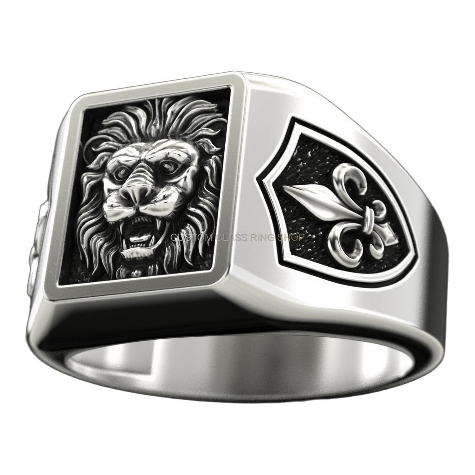 Sterling silver lion heraldic signet ring with fleur-de-lis shield sides