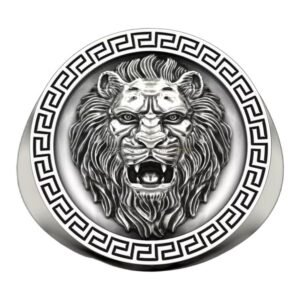Mens sterling silver greek key lion ring with roaring lion head