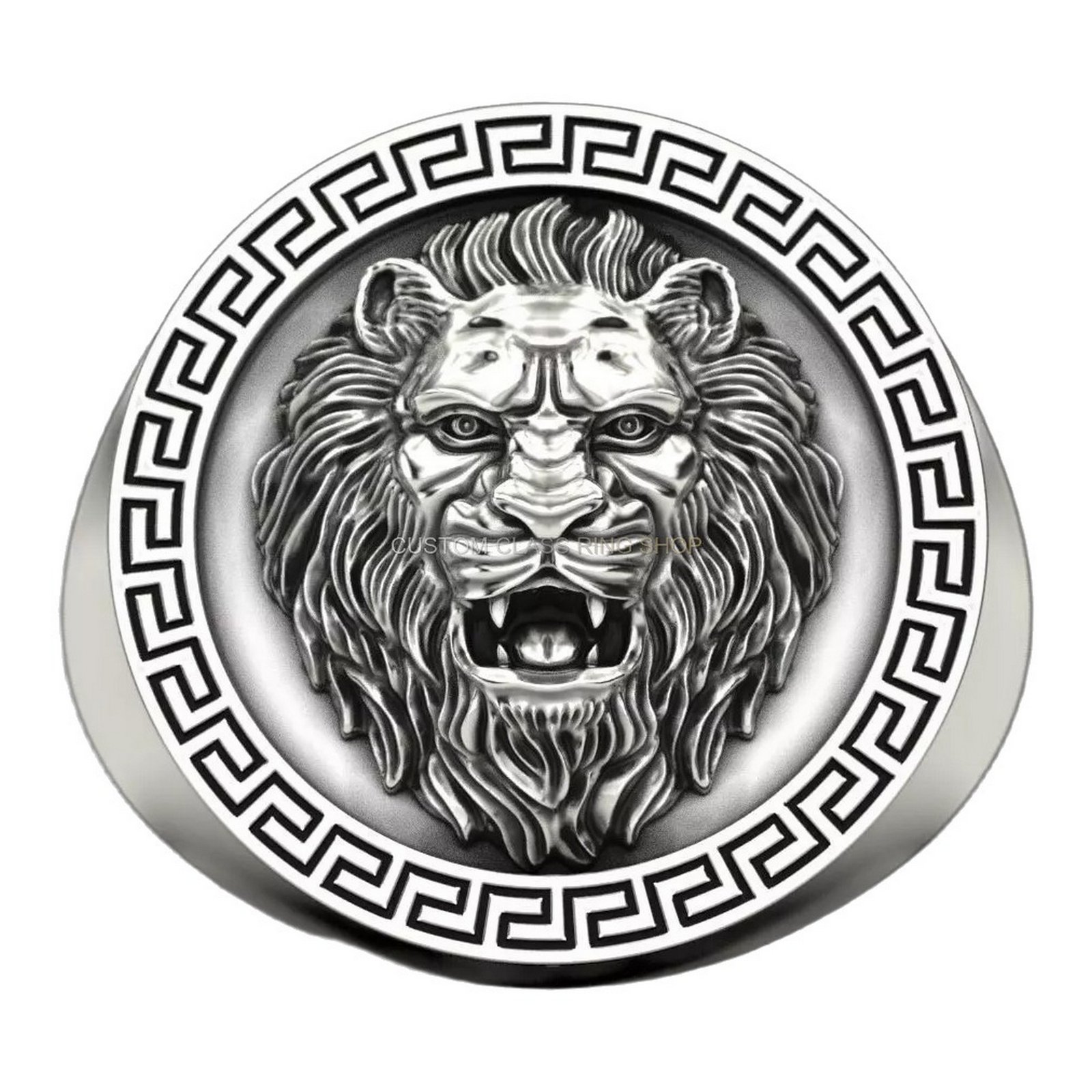 Mens sterling silver greek key lion ring with roaring lion head