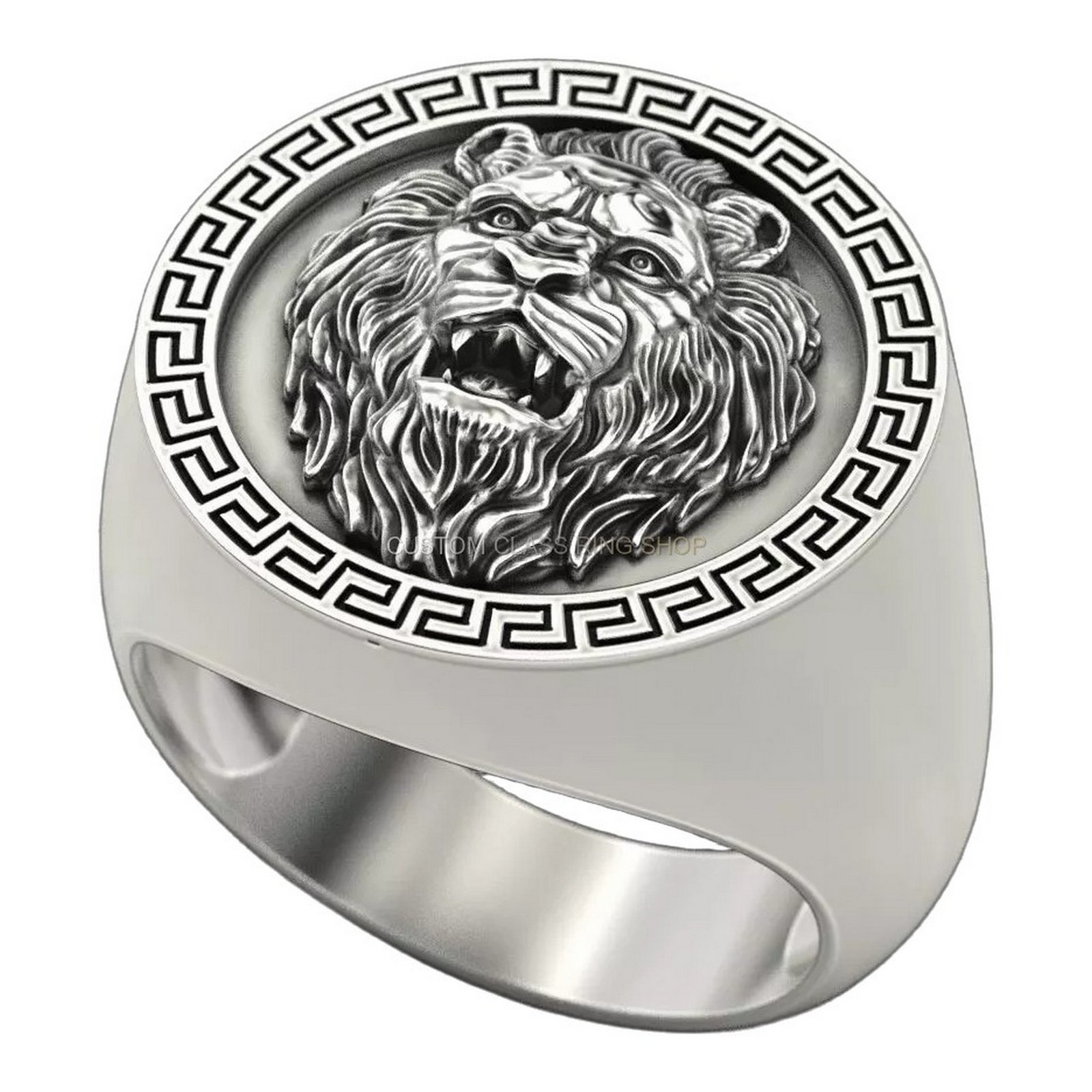 Mens sterling silver greek key lion ring, left side angle showing band