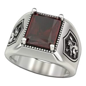 Sterling silver lion shield signet ring with beaded frame and oxidized finish