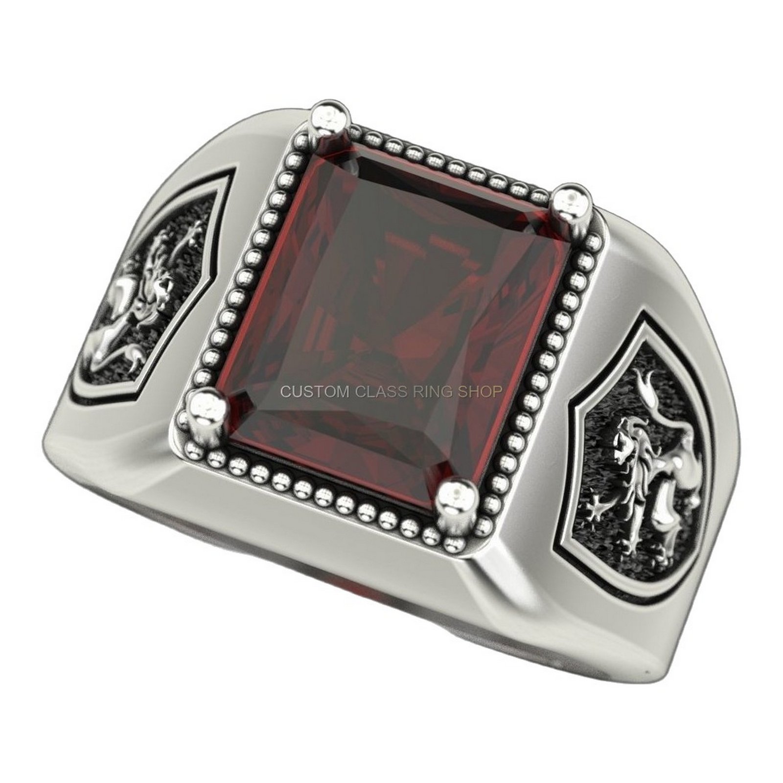 Sterling silver lion shield signet ring, front angled alternate view