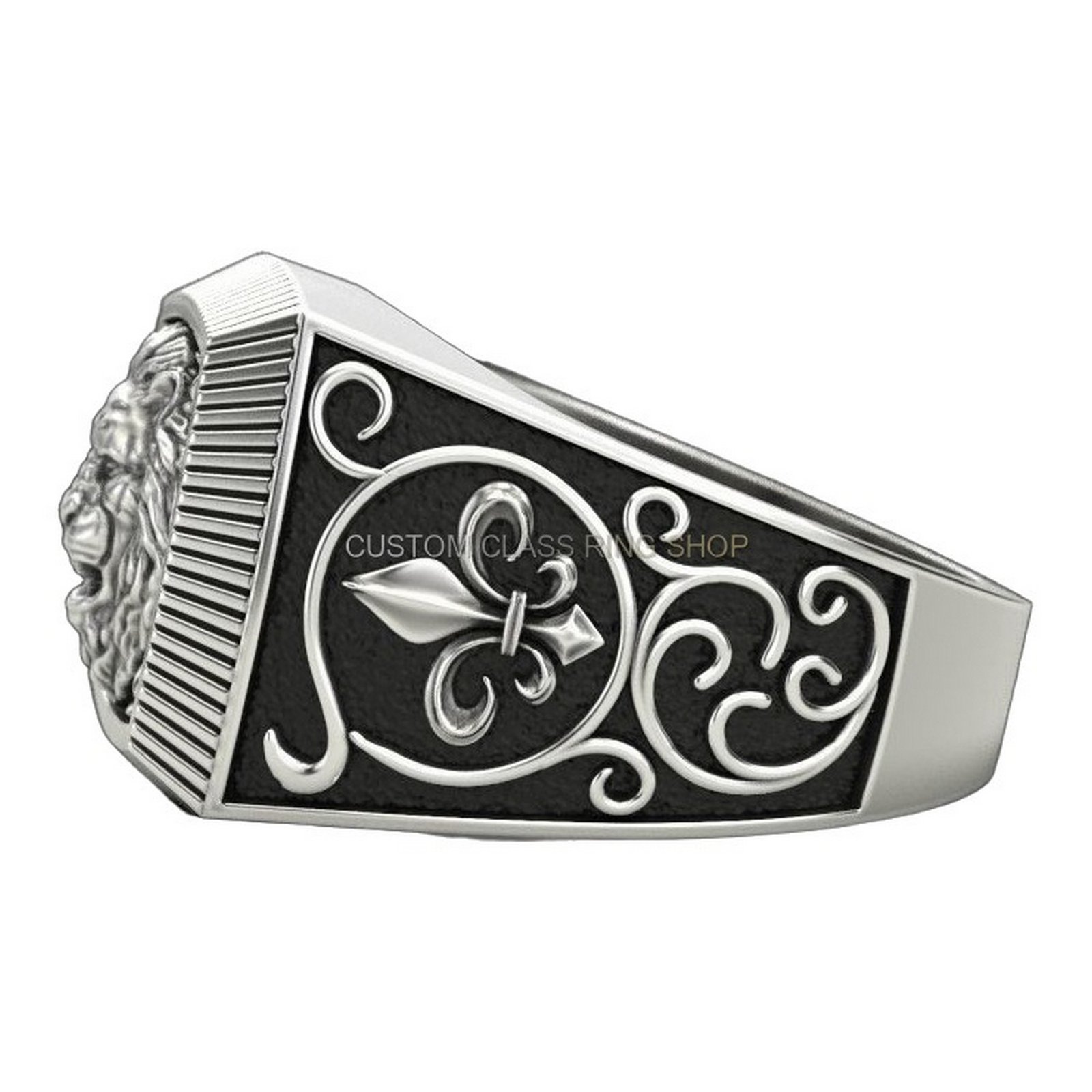 Mens oxidized sterling silver lion ring, angled three-quarter view