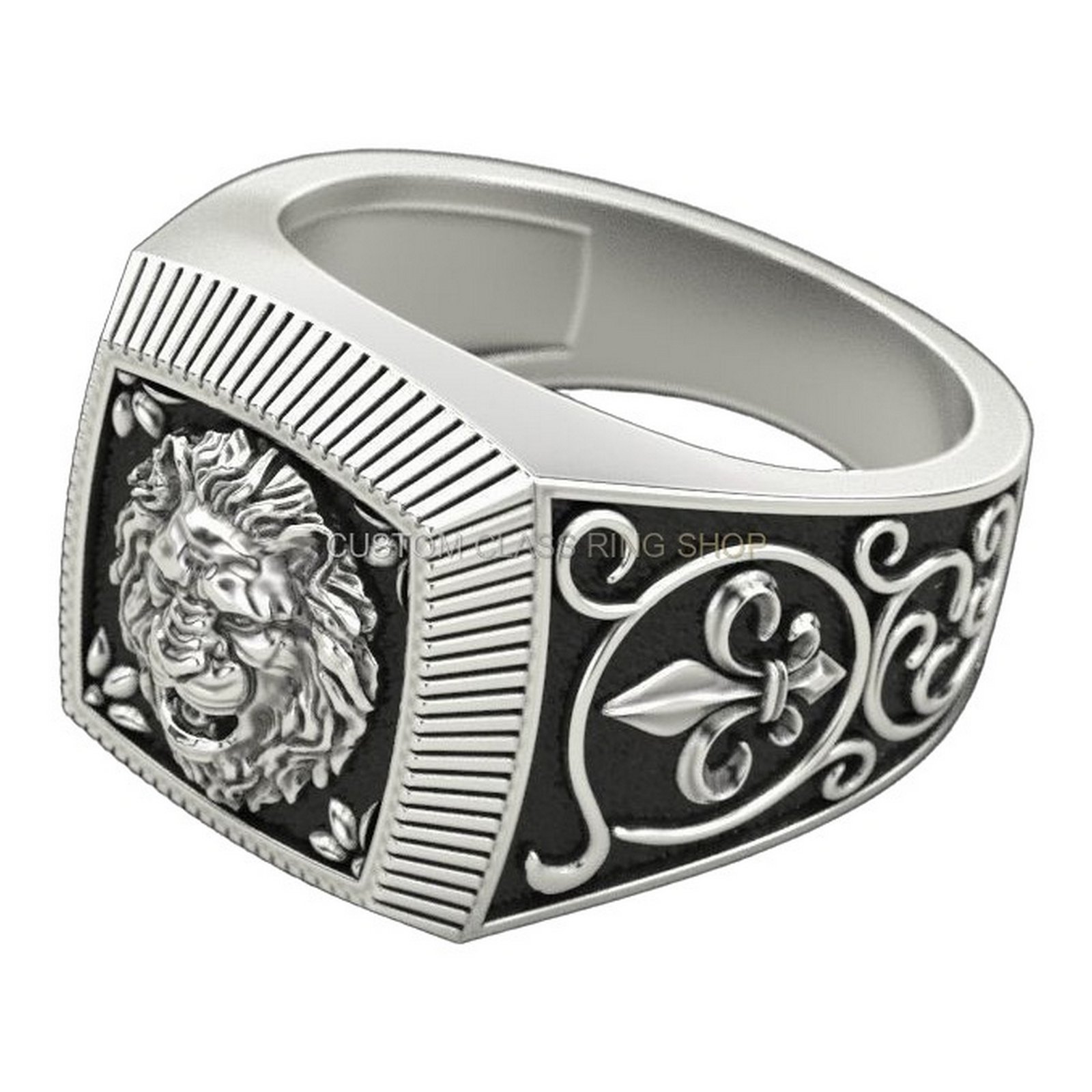 Mens oxidized sterling silver lion ring, angled three-quarter opposite view
