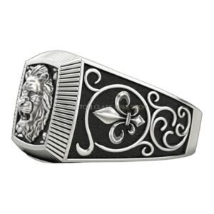 Mens oxidized sterling silver lion ring with fleur-de-lis details