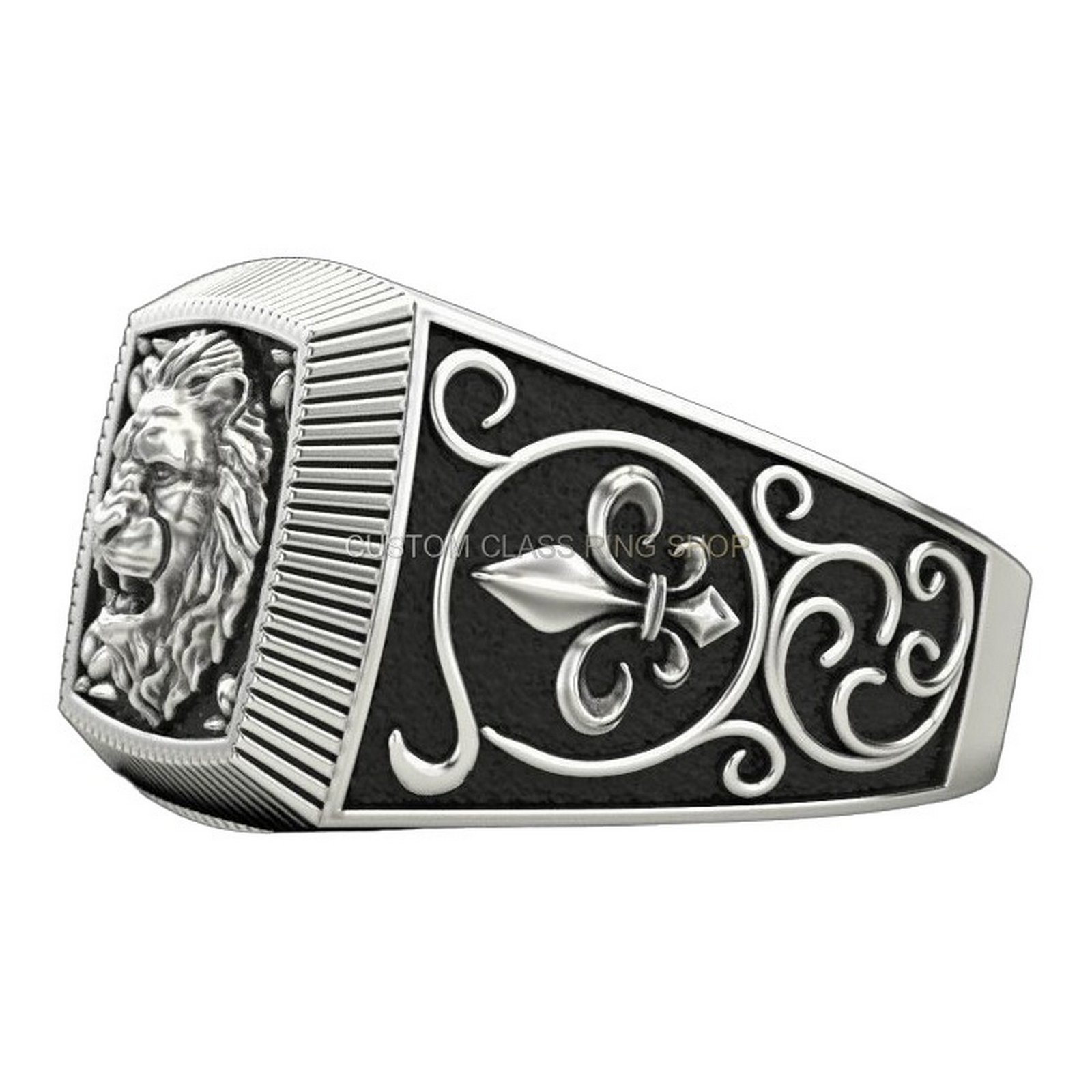Mens oxidized sterling silver lion ring with fleur-de-lis details