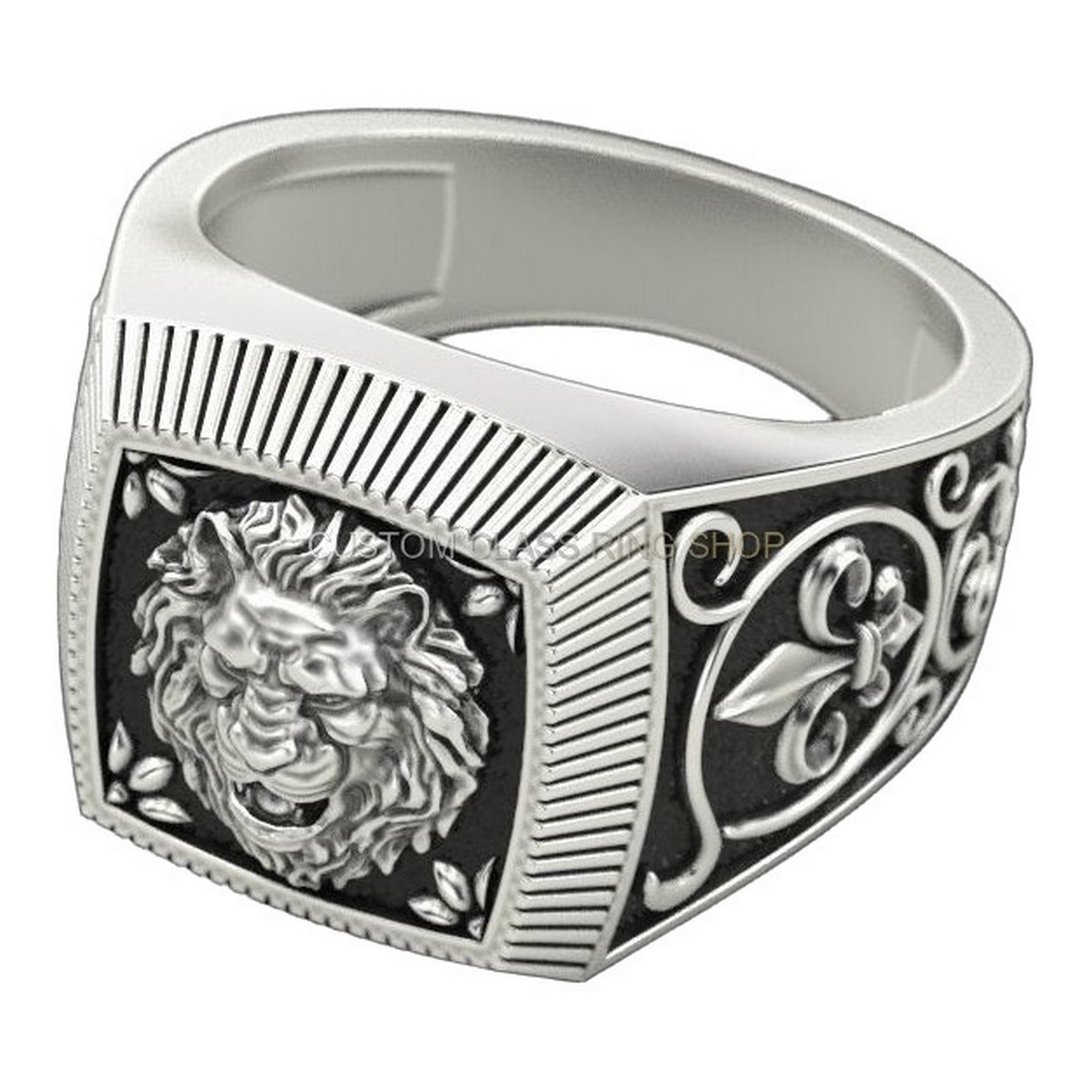Mens oxidized sterling silver lion ring, angled three-quarter interior view