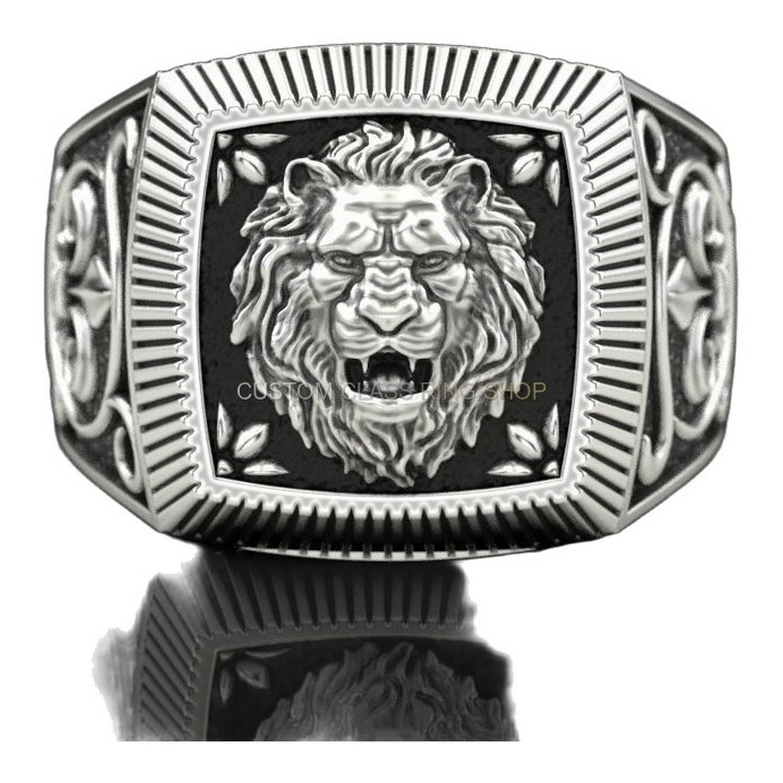 Mens oxidized sterling silver lion ring with fleur-de-lis details