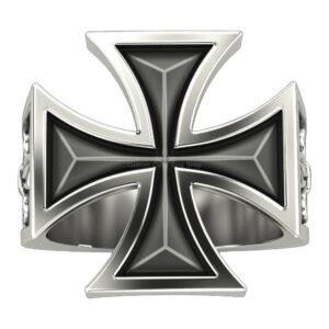 Sterling silver maltese cross fleur de lis ring with oxidized finish and beaded border