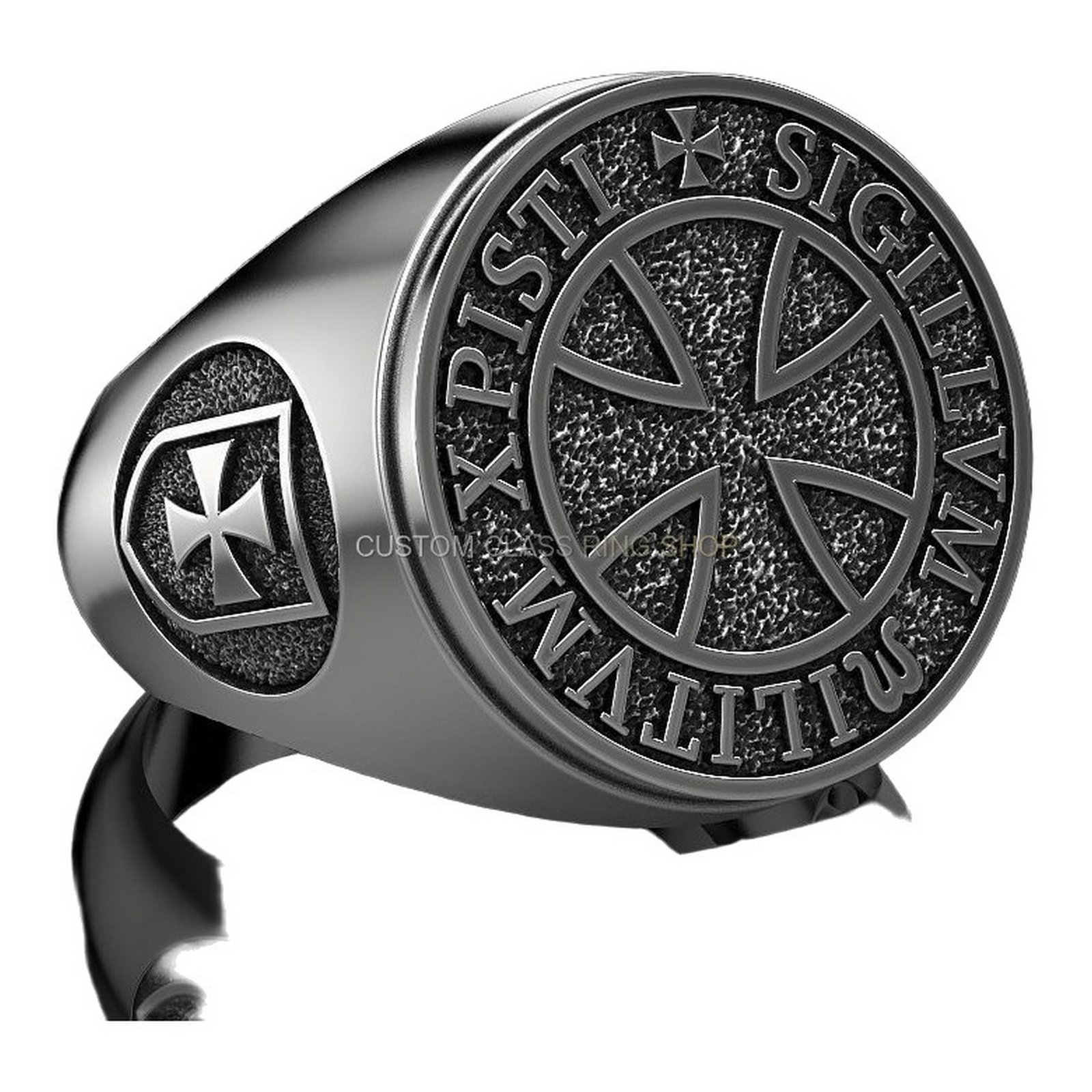 Sterling silver Knights Templar cross ring, angled three-quarter view with face