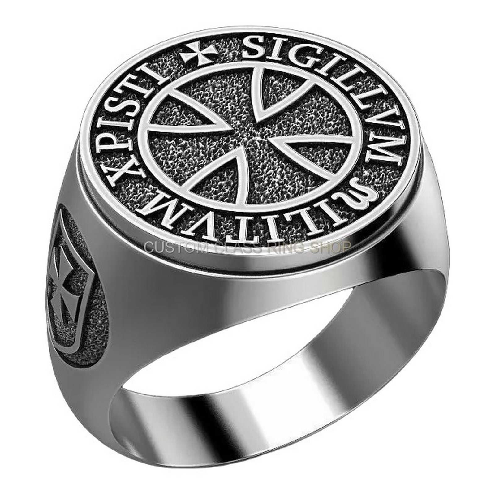 Sterling silver Knights Templar cross ring, angled three-quarter detail view