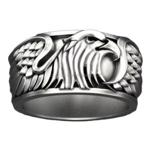 Mens sterling silver eagle statement ring with oxidized finish and scroll ornament