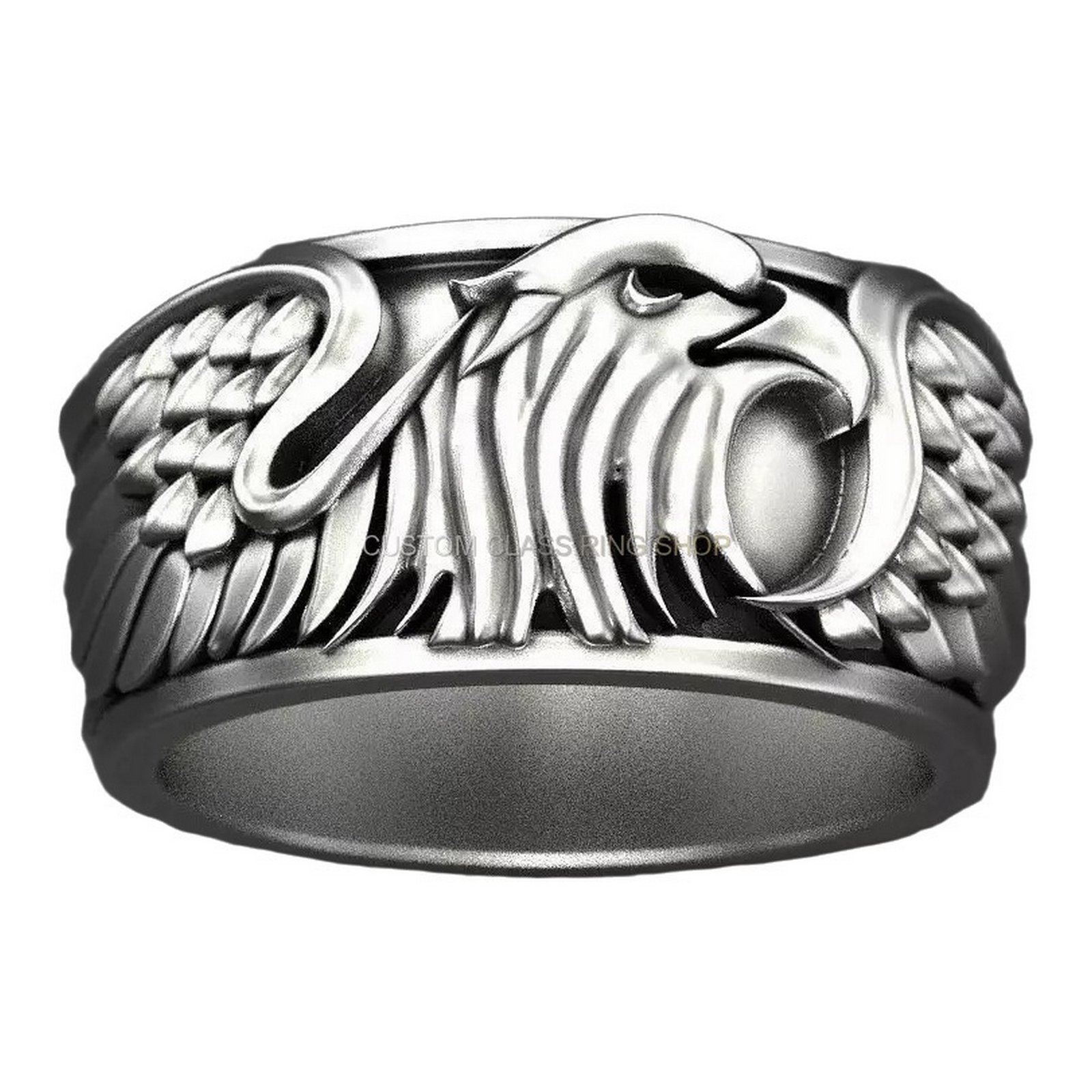 Mens sterling silver eagle statement ring with oxidized finish and scroll ornament