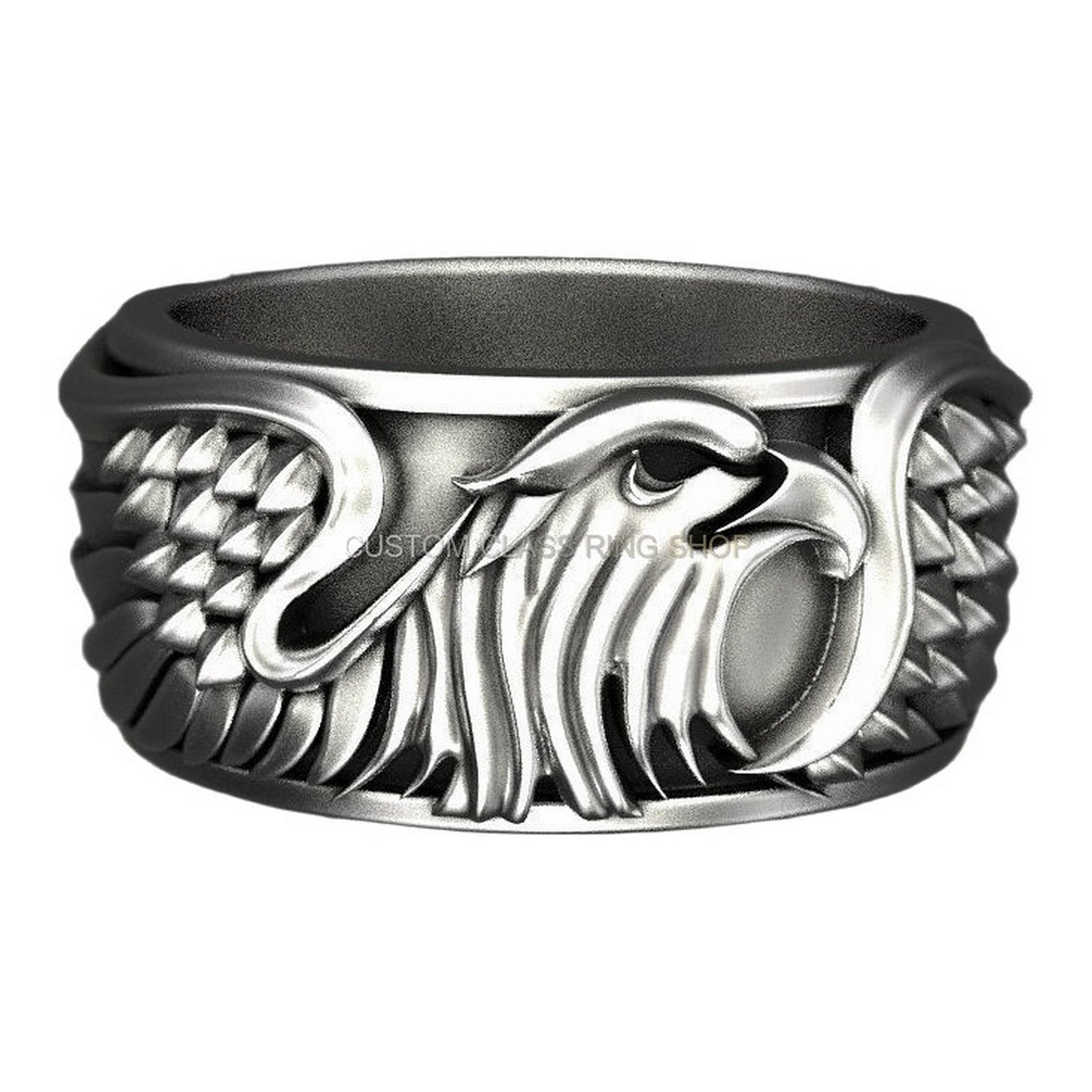 Mens sterling silver eagle statement ring, front three-quarter view