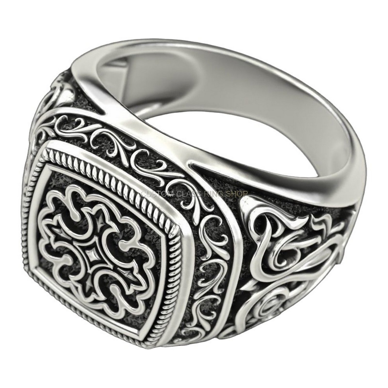 Sterling silver filigree statement ring, profile angled perspective