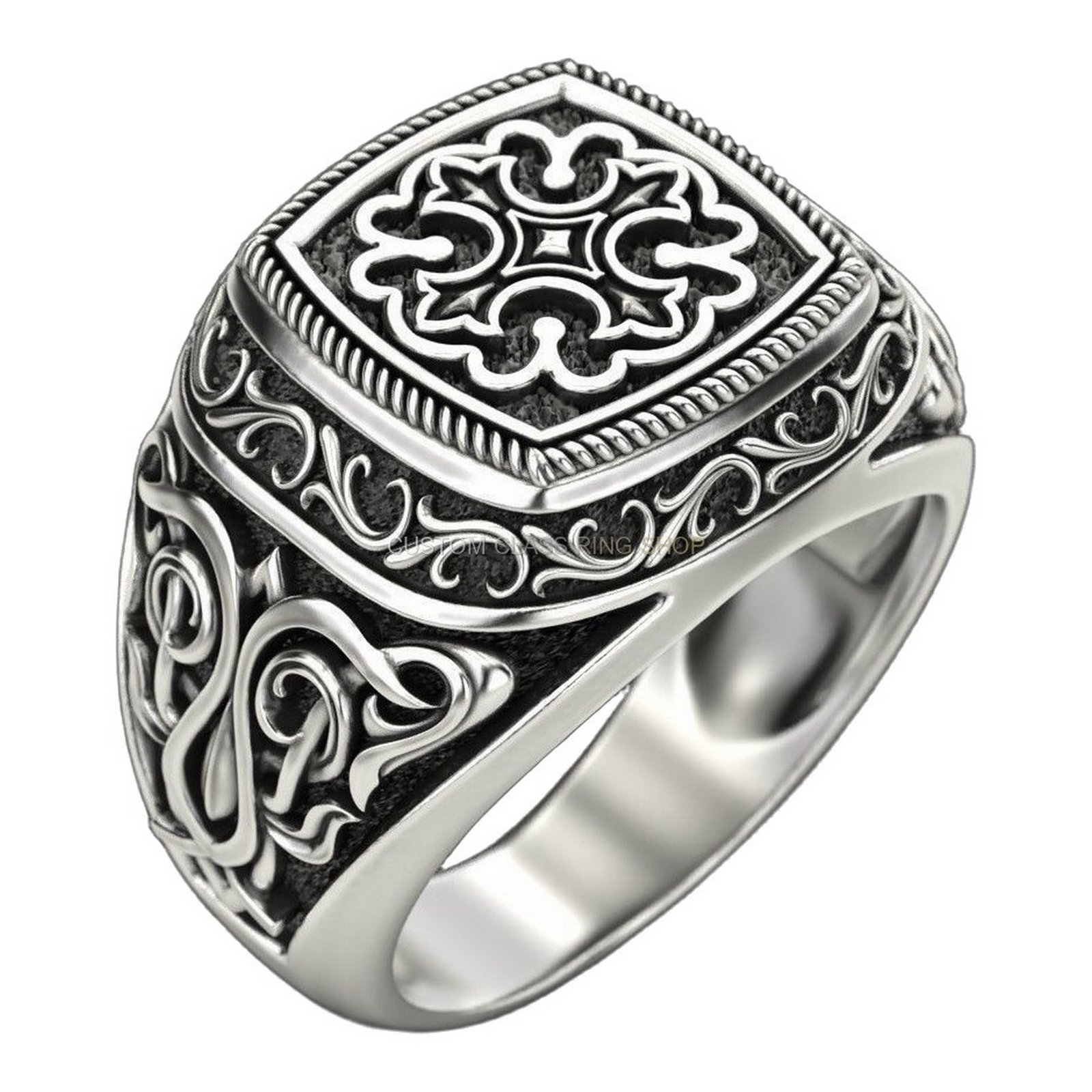 Sterling silver filigree statement ring, top-down centered view