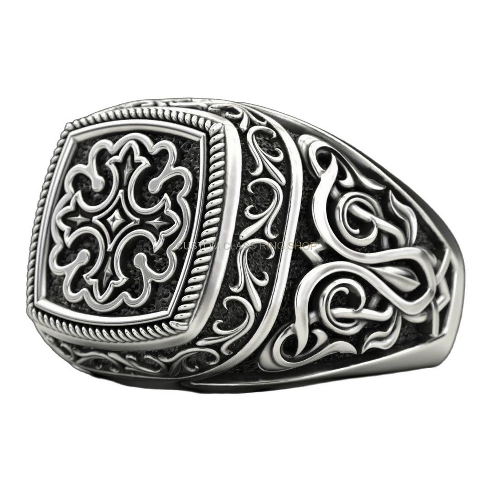 Sterling silver filigree statement ring, front-facing design detail