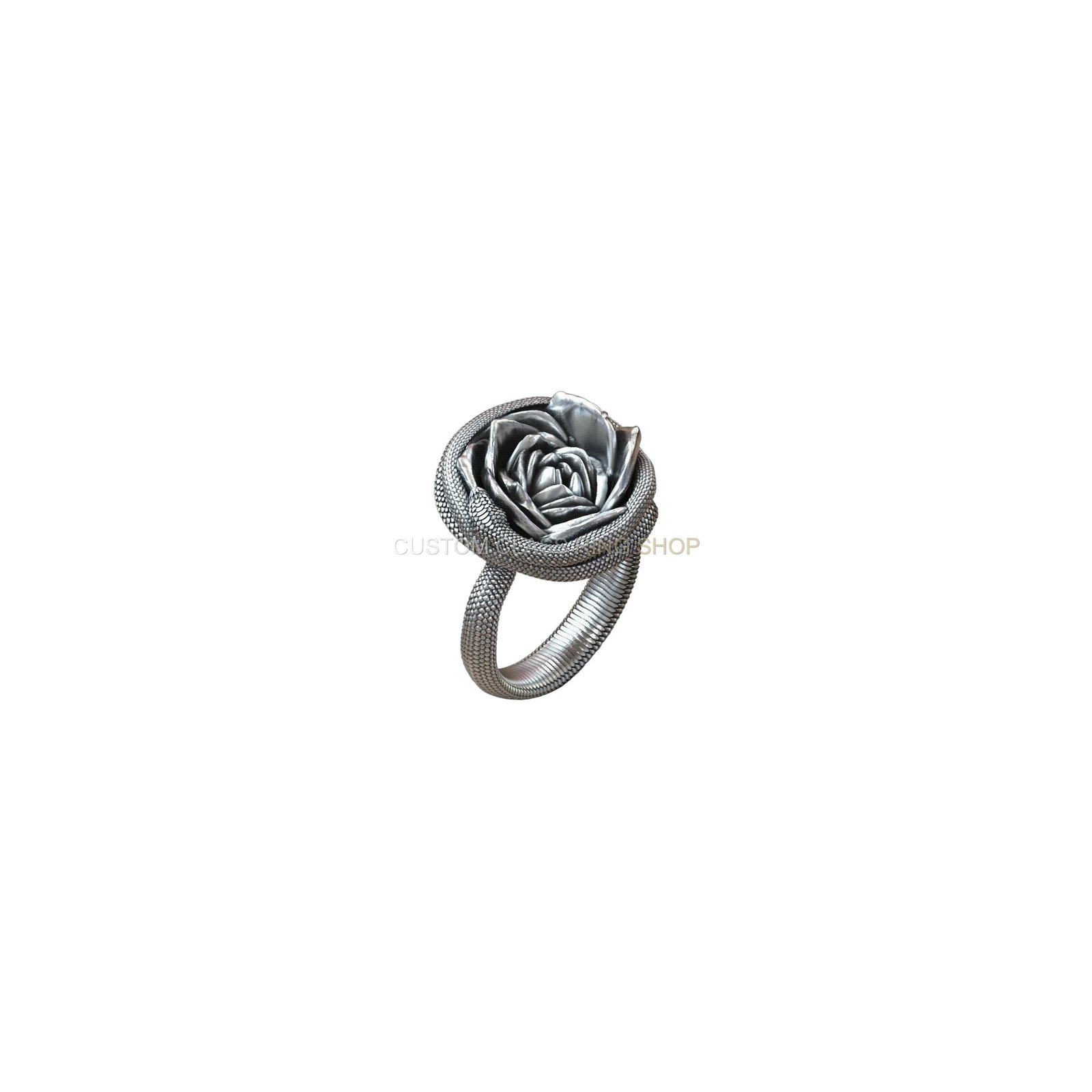 sterling silver rose flower serpent ring with scaled band