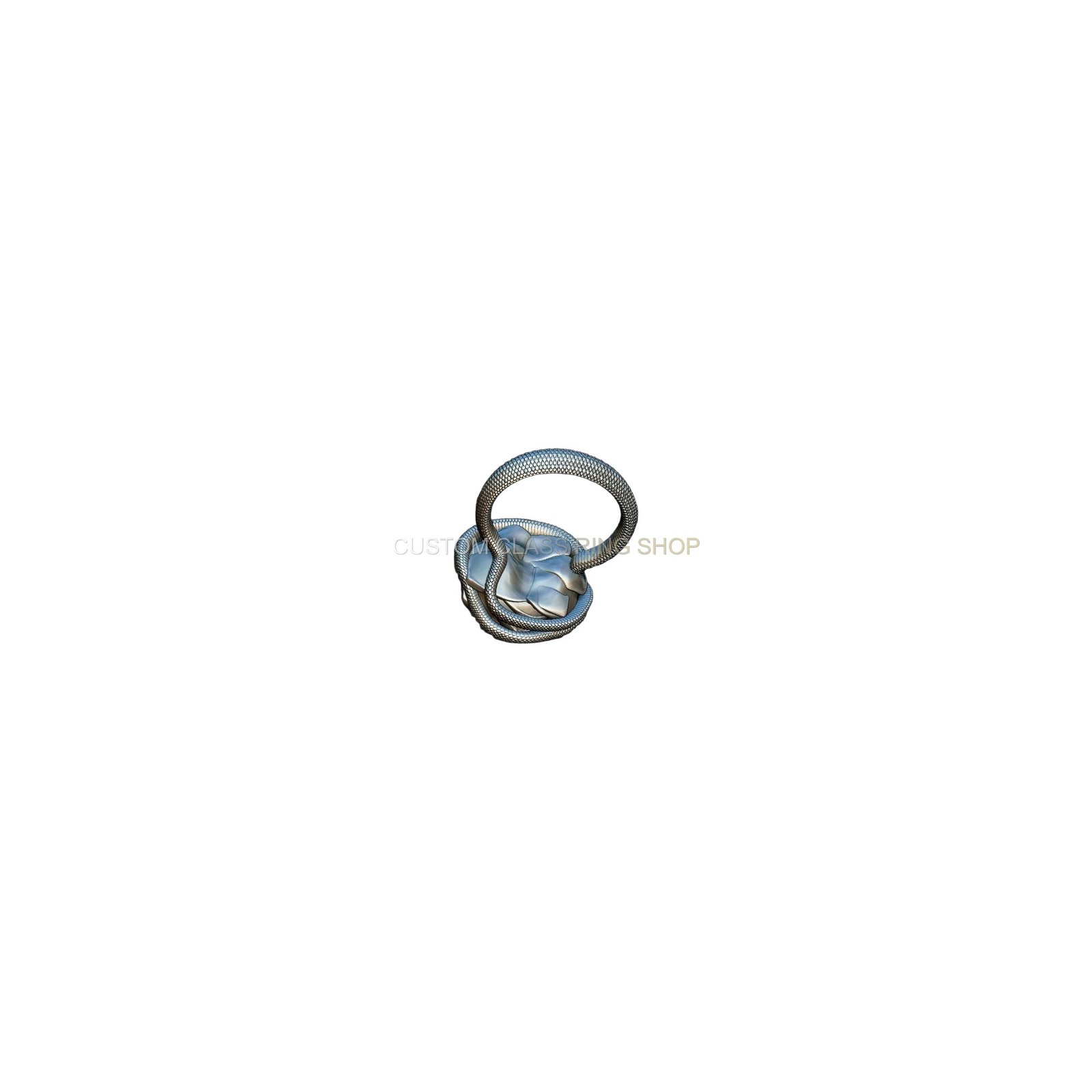 Sterling silver rose flower serpent ring, oxidized rose with serpent band three-quarter angle
