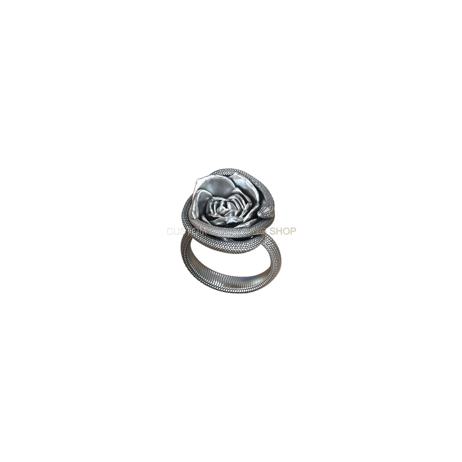 Sterling silver rose flower serpent ring, antique oxidized rose and serpent profile view