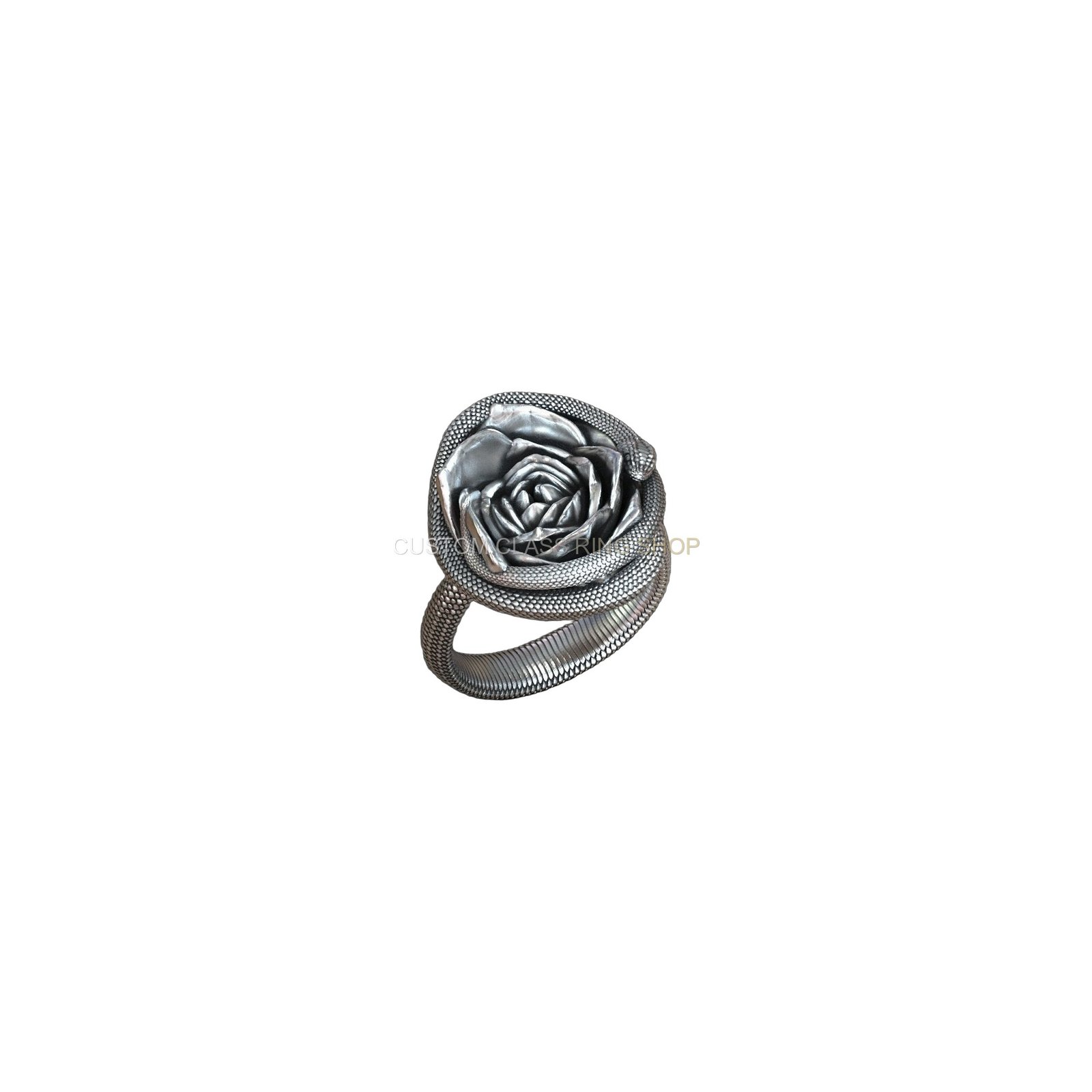 sterling silver rose flower serpent ring with scaled band