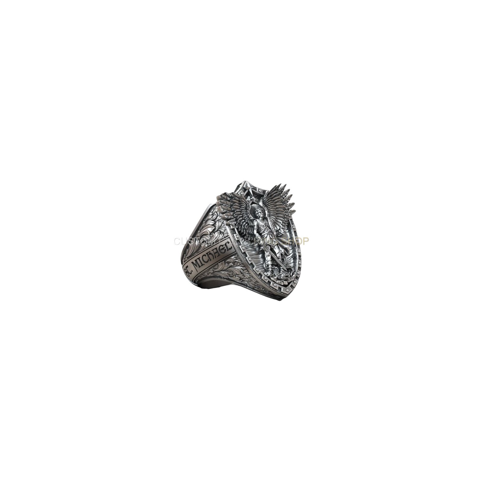 Sterling silver archangel michael dragon ring, right side profile view