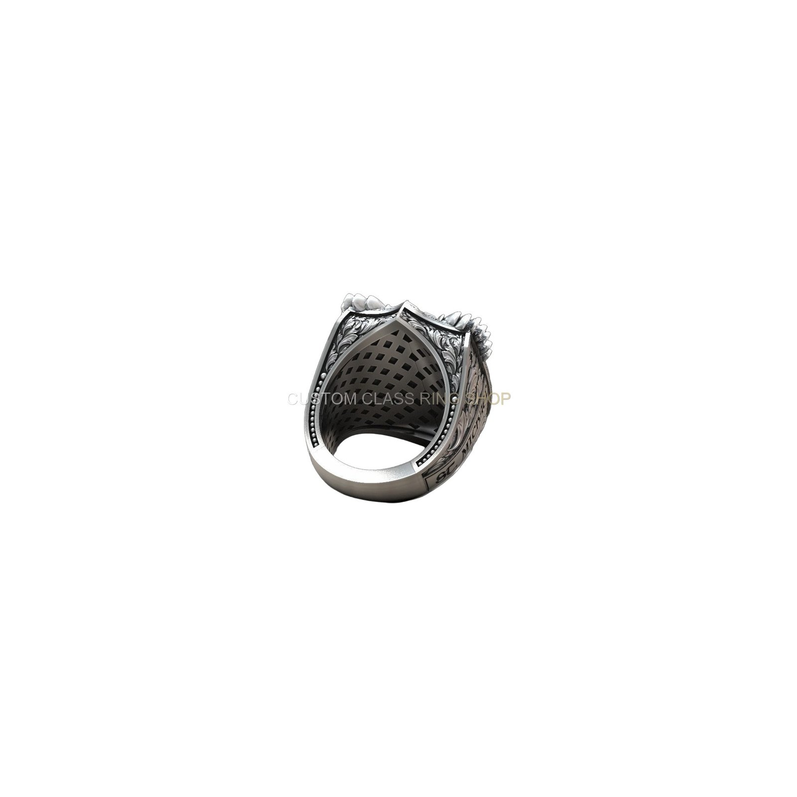 Sterling silver archangel michael dragon ring, three-quarter angled view