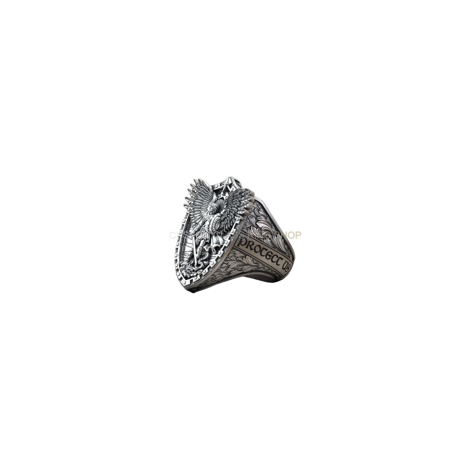 Sterling silver archangel michael dragon ring, inner band and hollow cavity detail