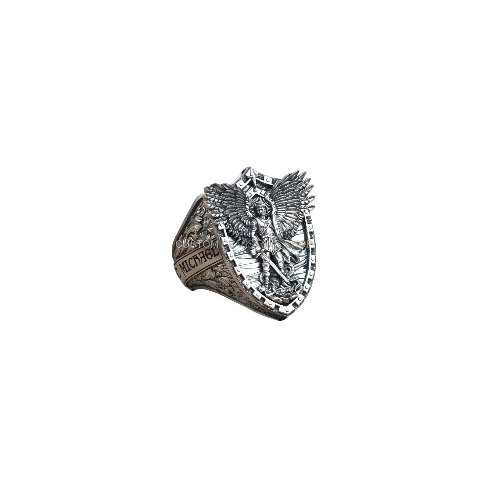 Sterling silver archangel michael dragon ring with oxidized antique finish