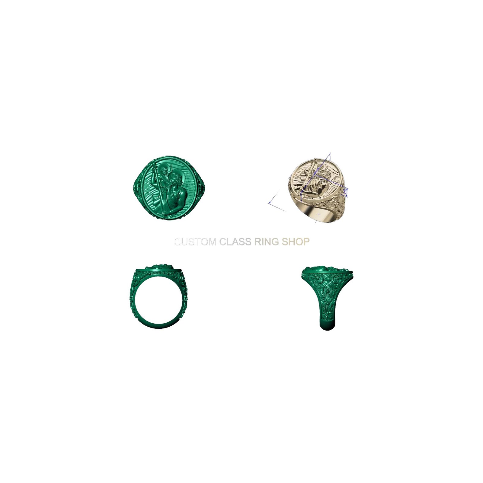 Sterling silver saint christopher signet ring, green malachite seal stone face top view