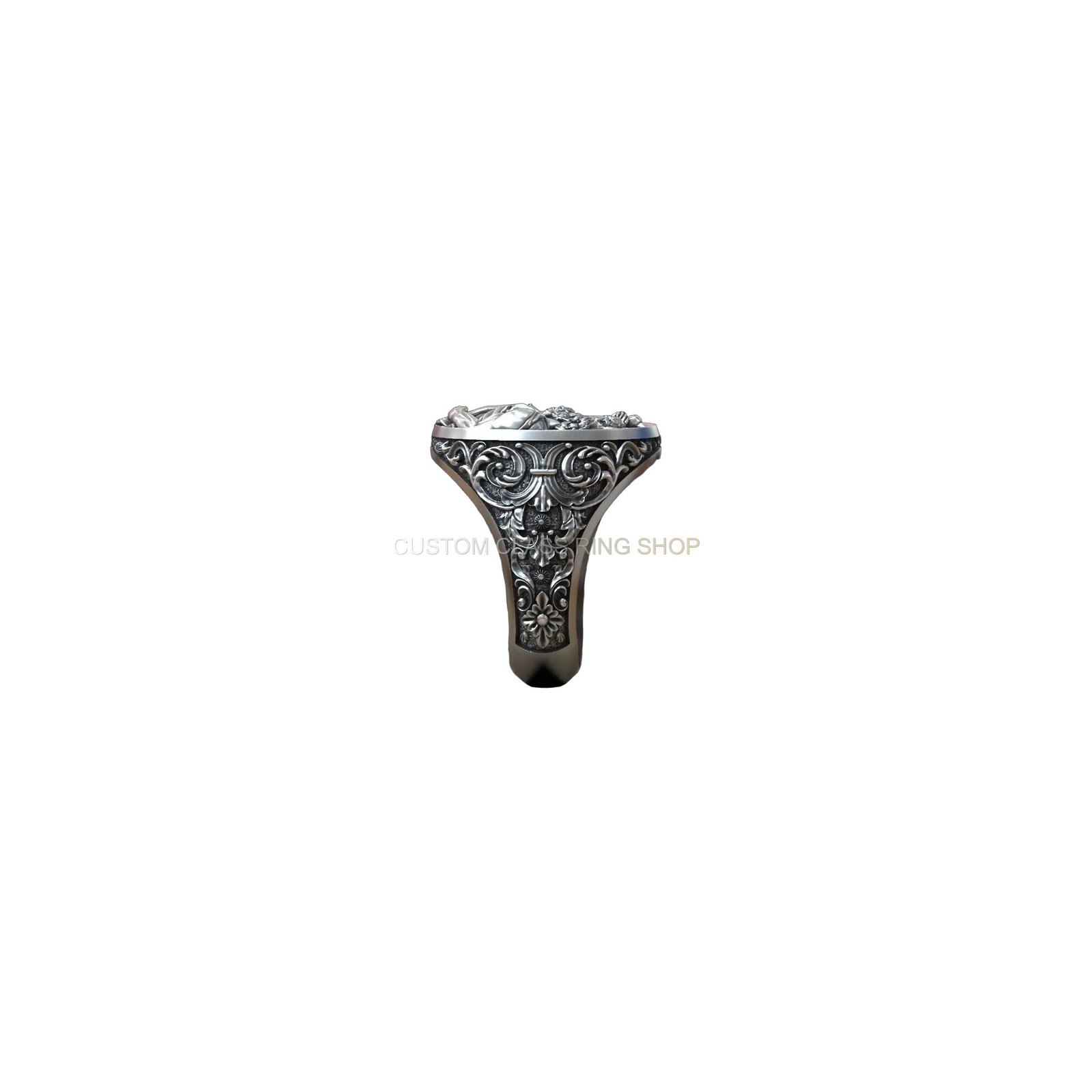 Sterling silver saint christopher signet ring, pale gold band side profile