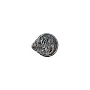 Oxidized sterling silver saint christopher signet ring with baroque filigree border and floral scrol