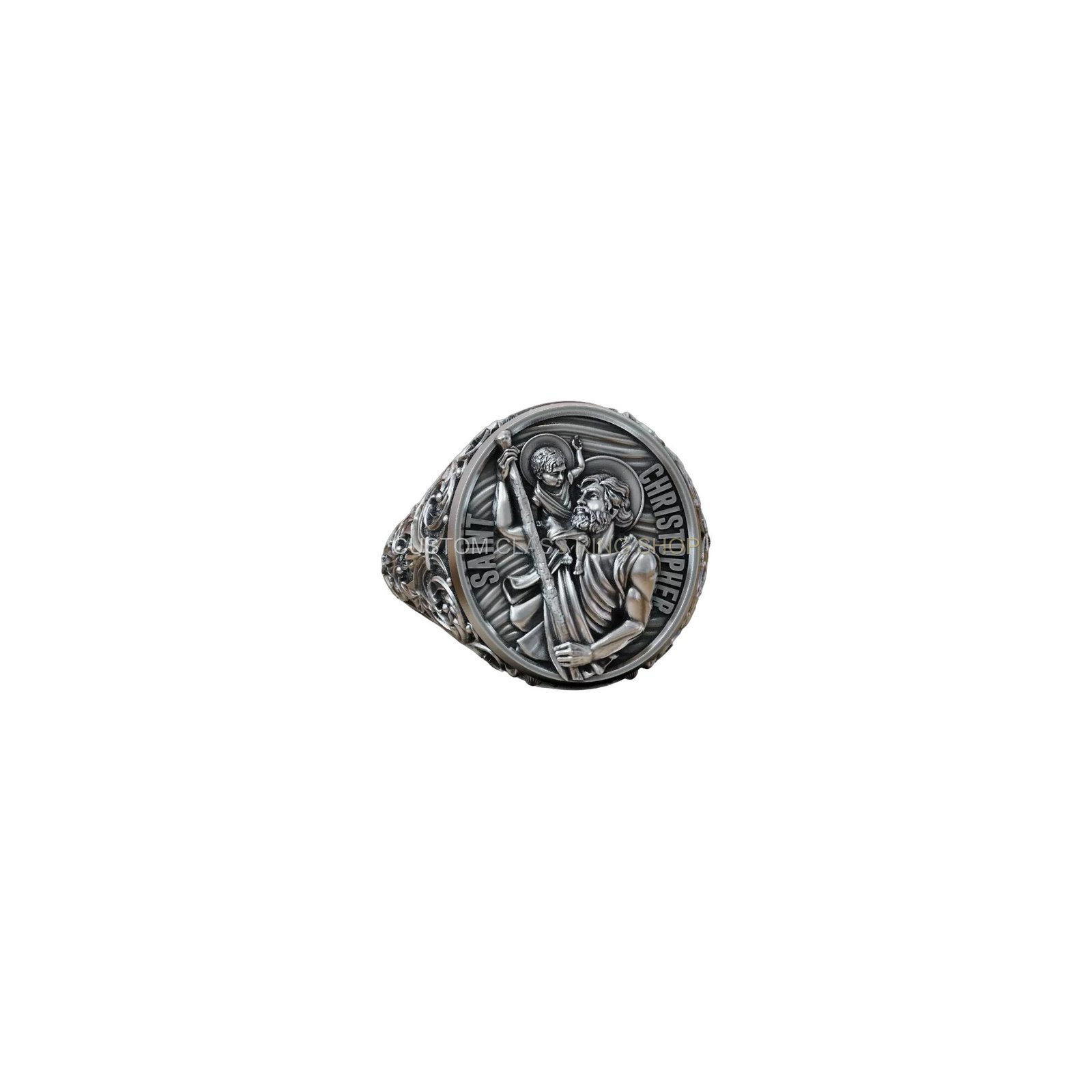 Oxidized sterling silver saint christopher signet ring with baroque filigree border and floral scrol