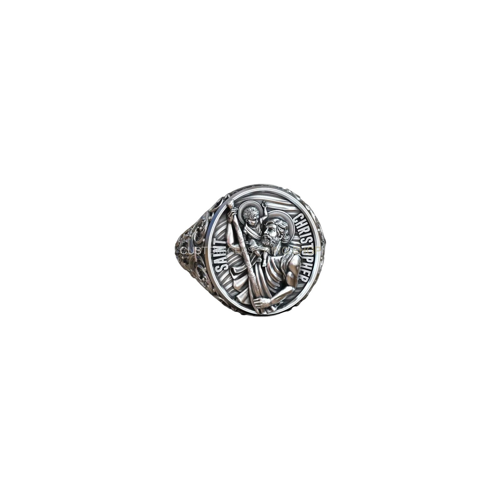 Sterling silver saint christopher signet ring, oxidized silver baroque filigree band side detail